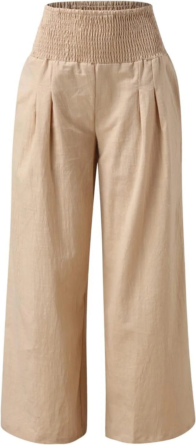 Womens Linen Palazzo Pants Loose Fit Hight Elastic Waist Wide Leg 2025 Summer Trendy Lightweight Flowy Trousers