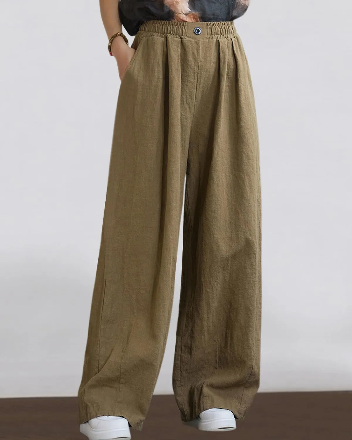 Women's Linen Wide Leg Long Pants Casual Elastic Waist Summer Palazzo Trousers with Pockets