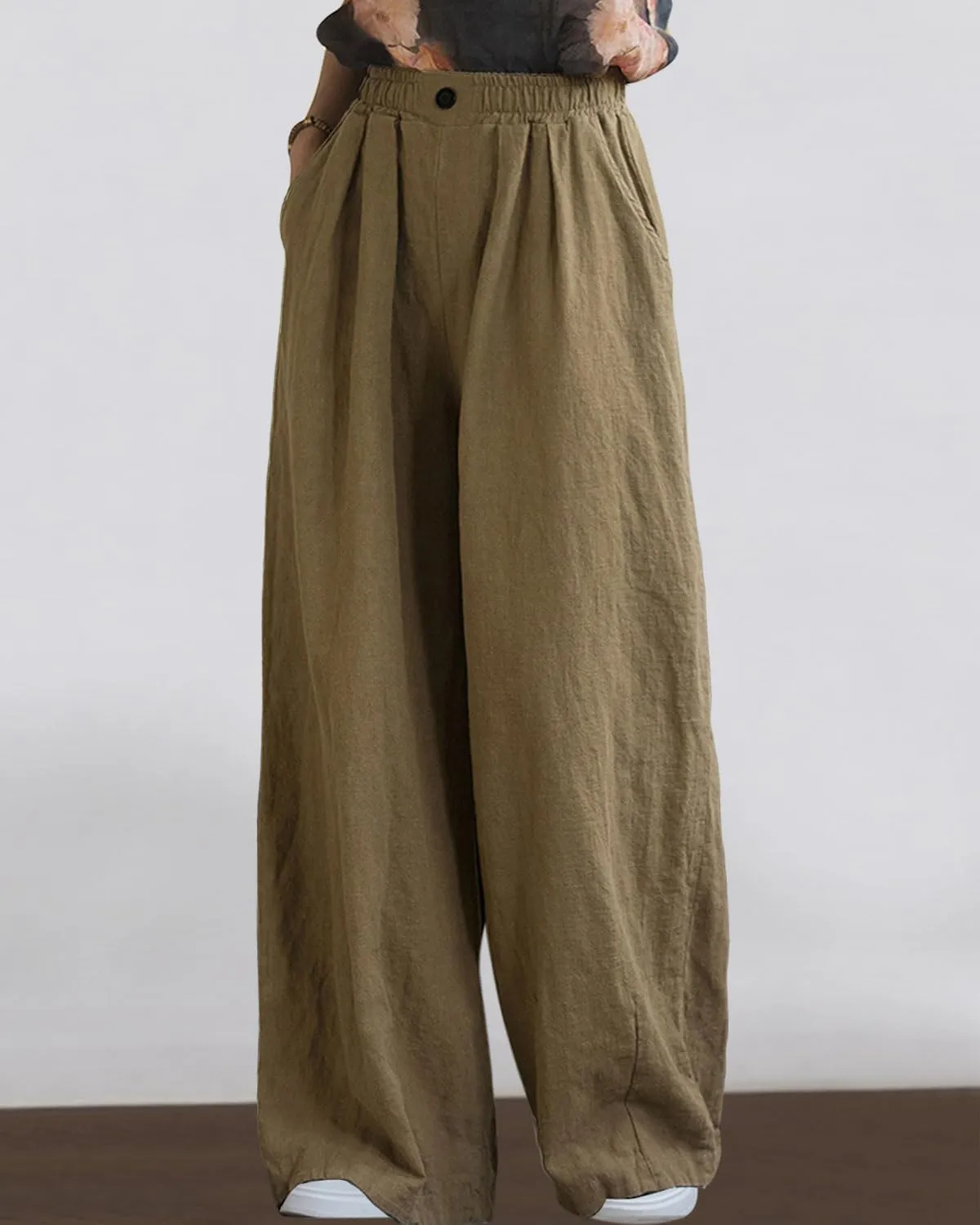 Women's Linen Wide Leg Long Pants Casual Elastic Waist Summer Palazzo Trousers with Pockets