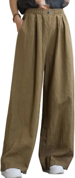 Women's Linen Wide Leg Long Pants Casual Elastic Waist Summer Palazzo Trousers with Pockets