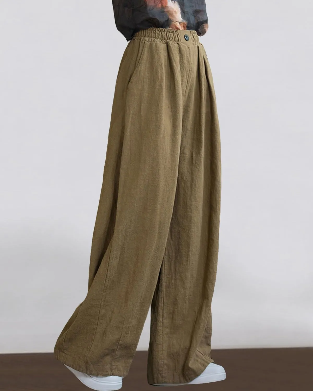 Women's Linen Wide Leg Long Pants Casual Elastic Waist Summer Palazzo Trousers with Pockets