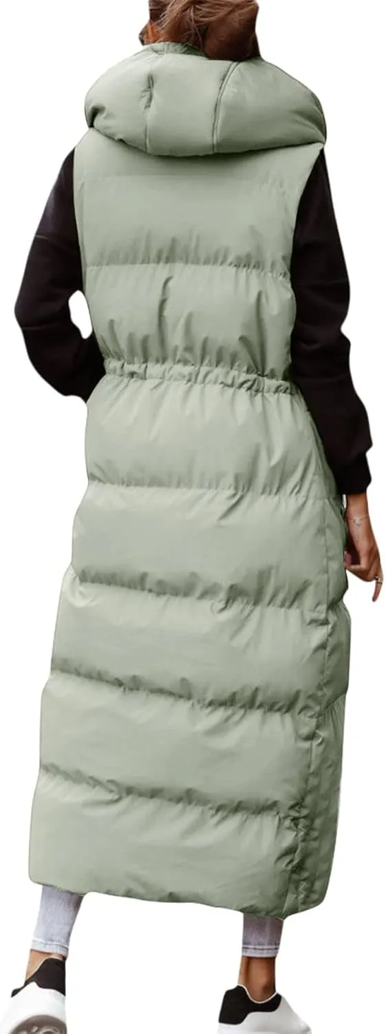 Women's Long Quilted Vest Coat Hooded Maxi Length Sleeveless Puffer Vest Padded Coat Winter Vest Outerwear