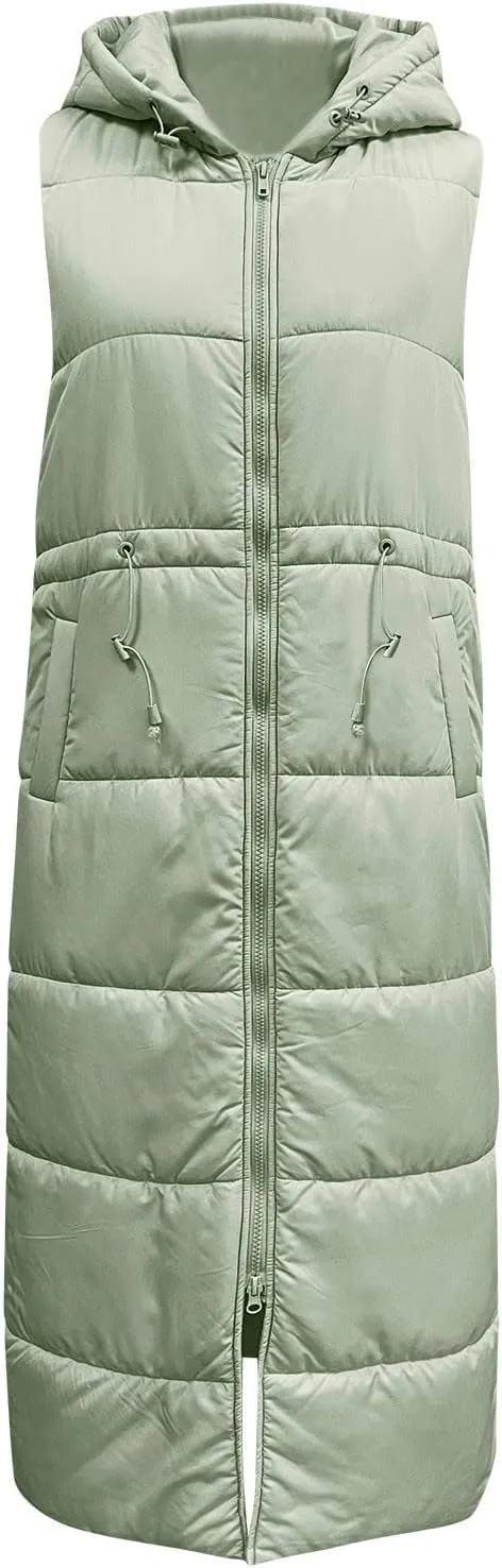 Women's Long Quilted Vest Coat Hooded Maxi Length Sleeveless Puffer Vest Padded Coat Winter Vest Outerwear
