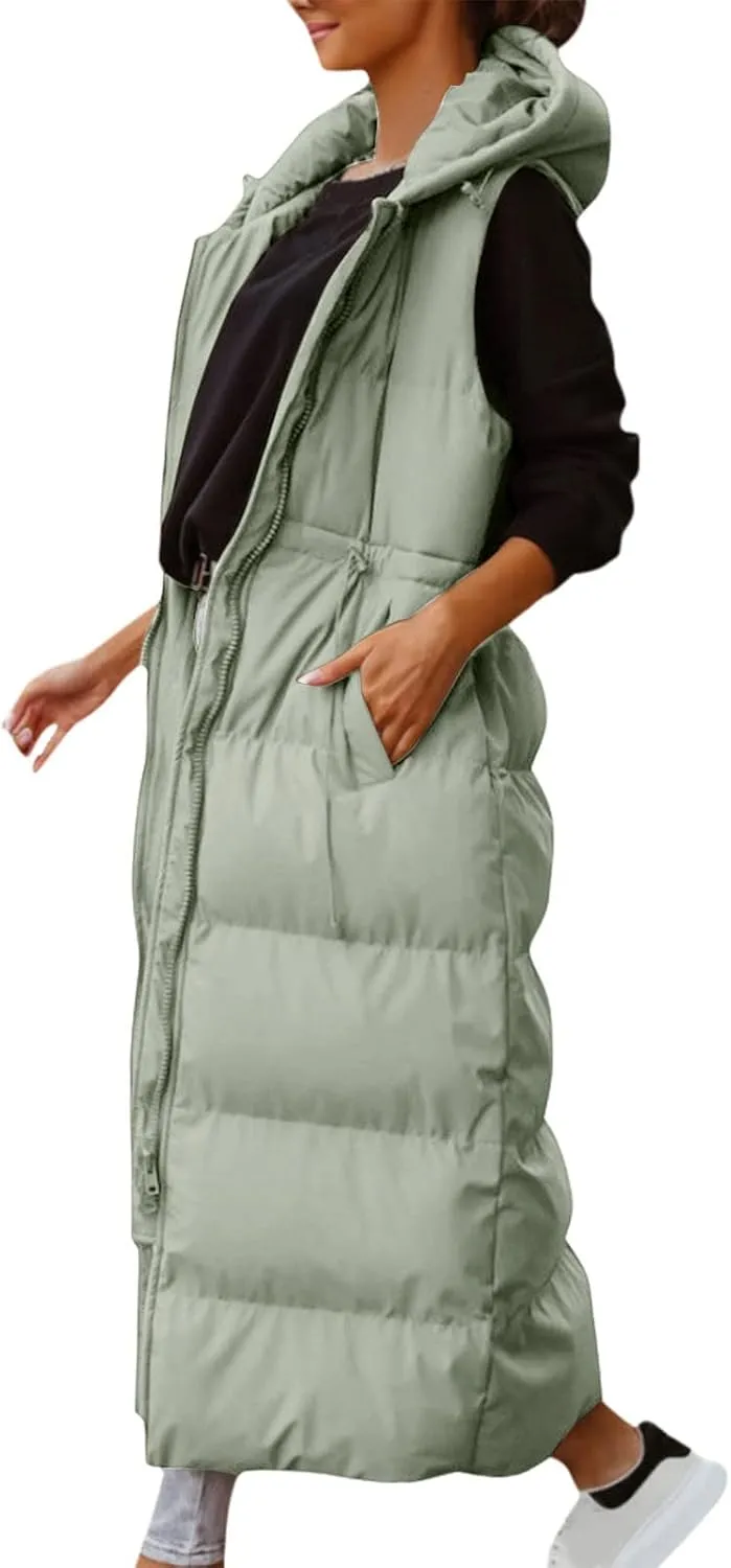 Women's Long Quilted Vest Coat Hooded Maxi Length Sleeveless Puffer Vest Padded Coat Winter Vest Outerwear