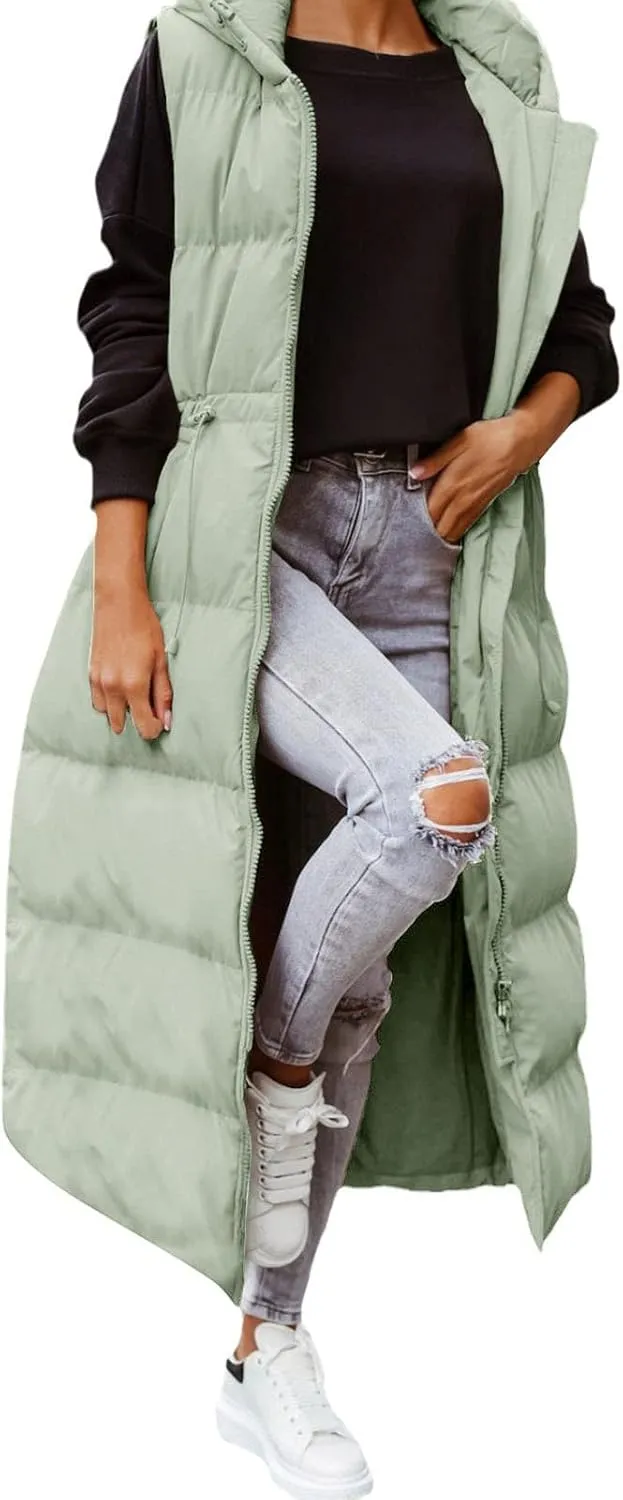 Women's Long Quilted Vest Coat Hooded Maxi Length Sleeveless Puffer Vest Padded Coat Winter Vest Outerwear