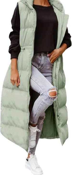 Women's Long Quilted Vest Coat Hooded Maxi Length Sleeveless Puffer Vest Padded Coat Winter Vest Outerwear