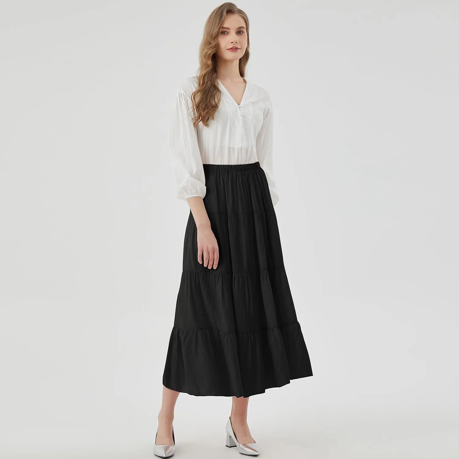 Women's Long Skirt Summer Flowy Boho Maxi Tiered A-Line Elastic High Waist Pleated Beach Dress