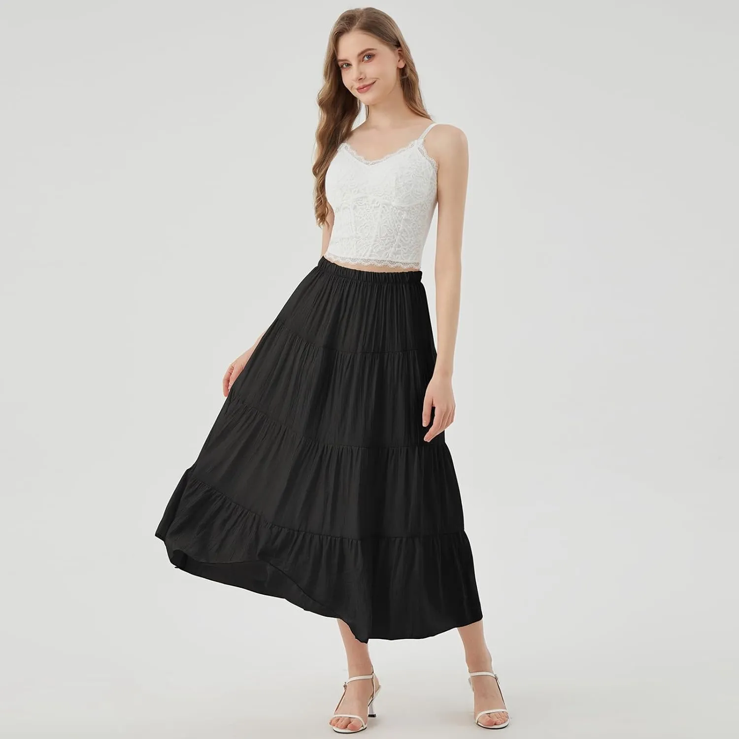 Women's Long Skirt Summer Flowy Boho Maxi Tiered A-Line Elastic High Waist Pleated Beach Dress