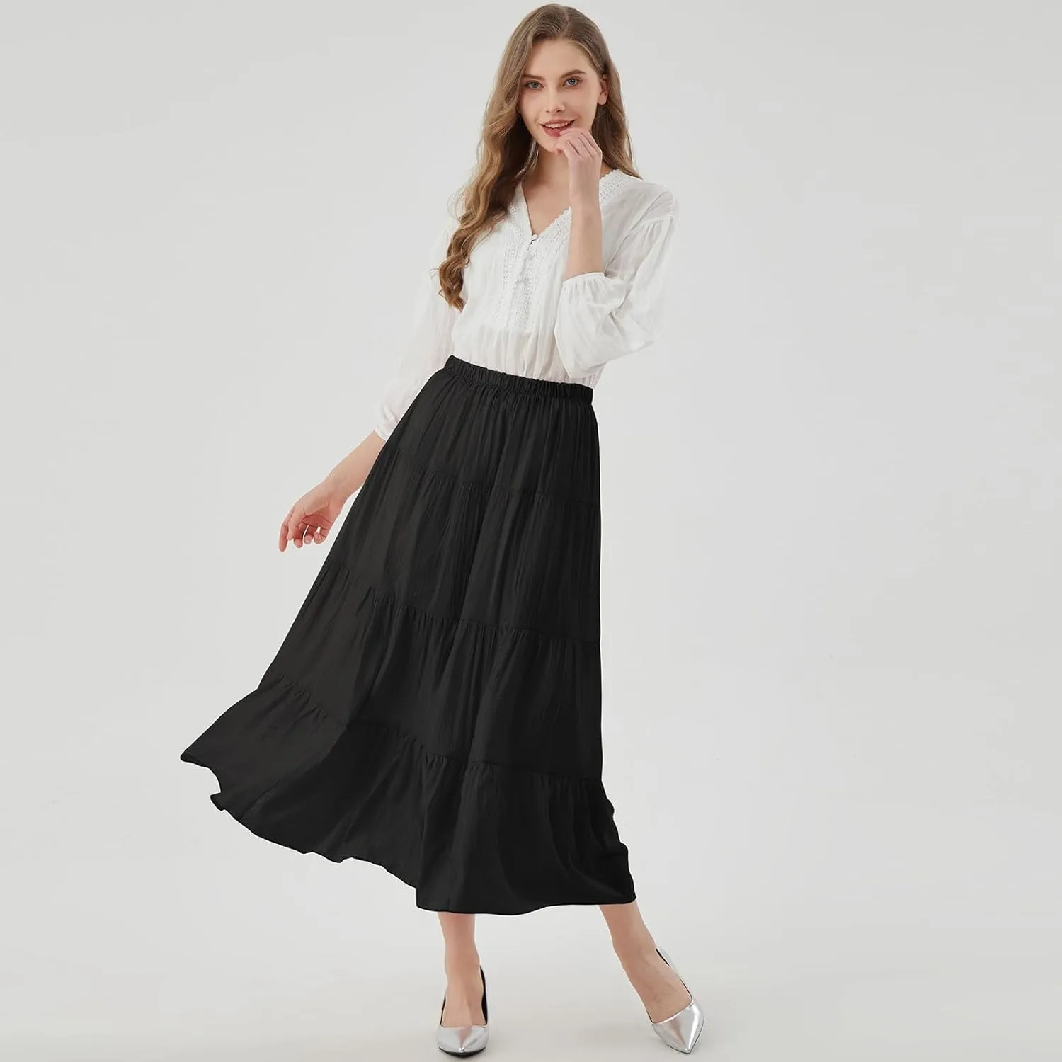 Women's Long Skirt Summer Flowy Boho Maxi Tiered A-Line Elastic High Waist Pleated Beach Dress