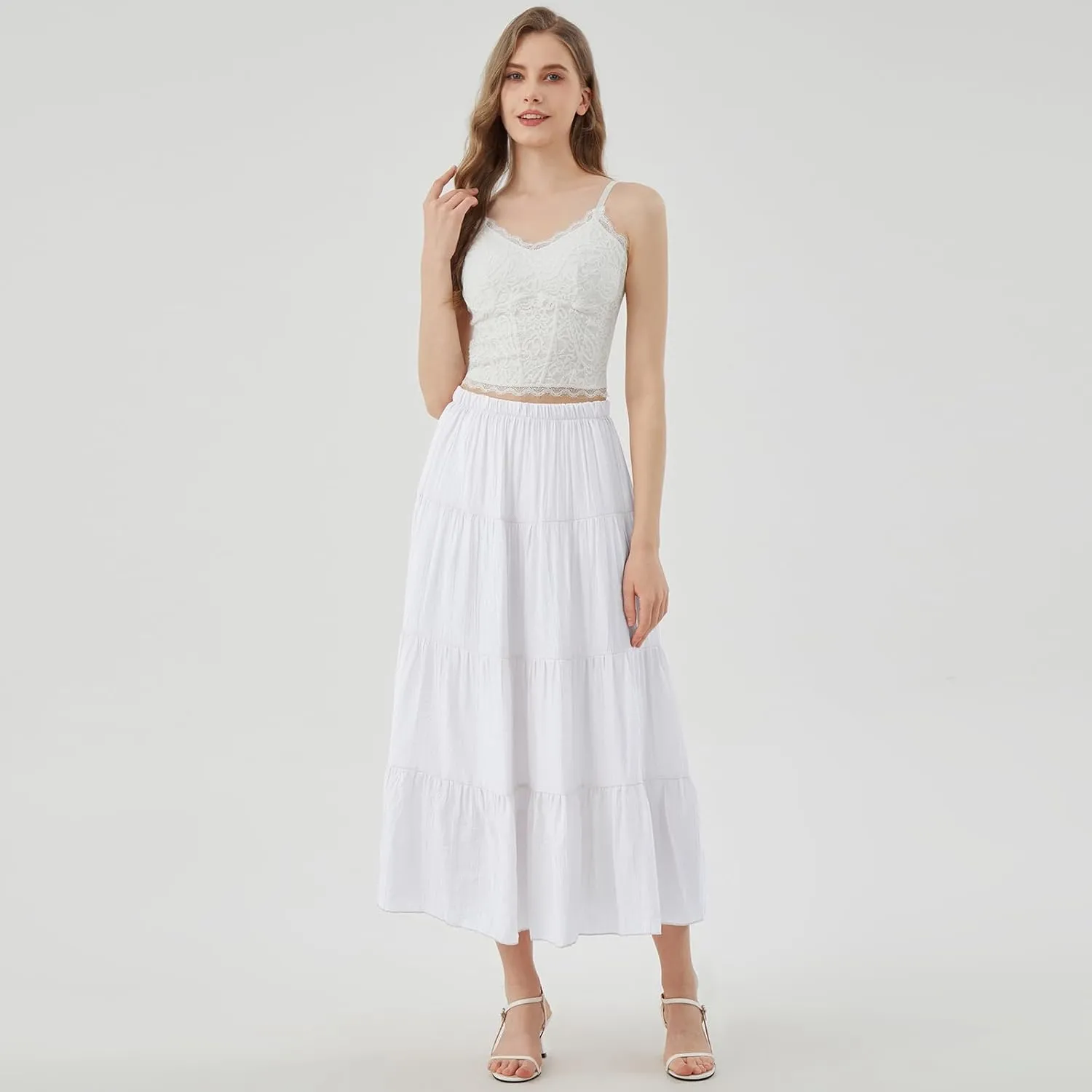 Women's Long Skirt Summer Flowy Boho Maxi Tiered A-Line Elastic High Waist Pleated Beach Dress