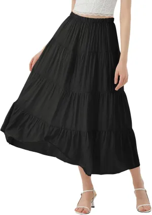 Women's Long Skirt Summer Flowy Boho Maxi Tiered A-Line Elastic High Waist Pleated Beach Dress
