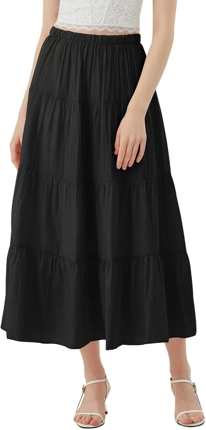 Women's Long Skirt Summer Flowy Boho Maxi Tiered A-Line Elastic High Waist Pleated Beach Dress
