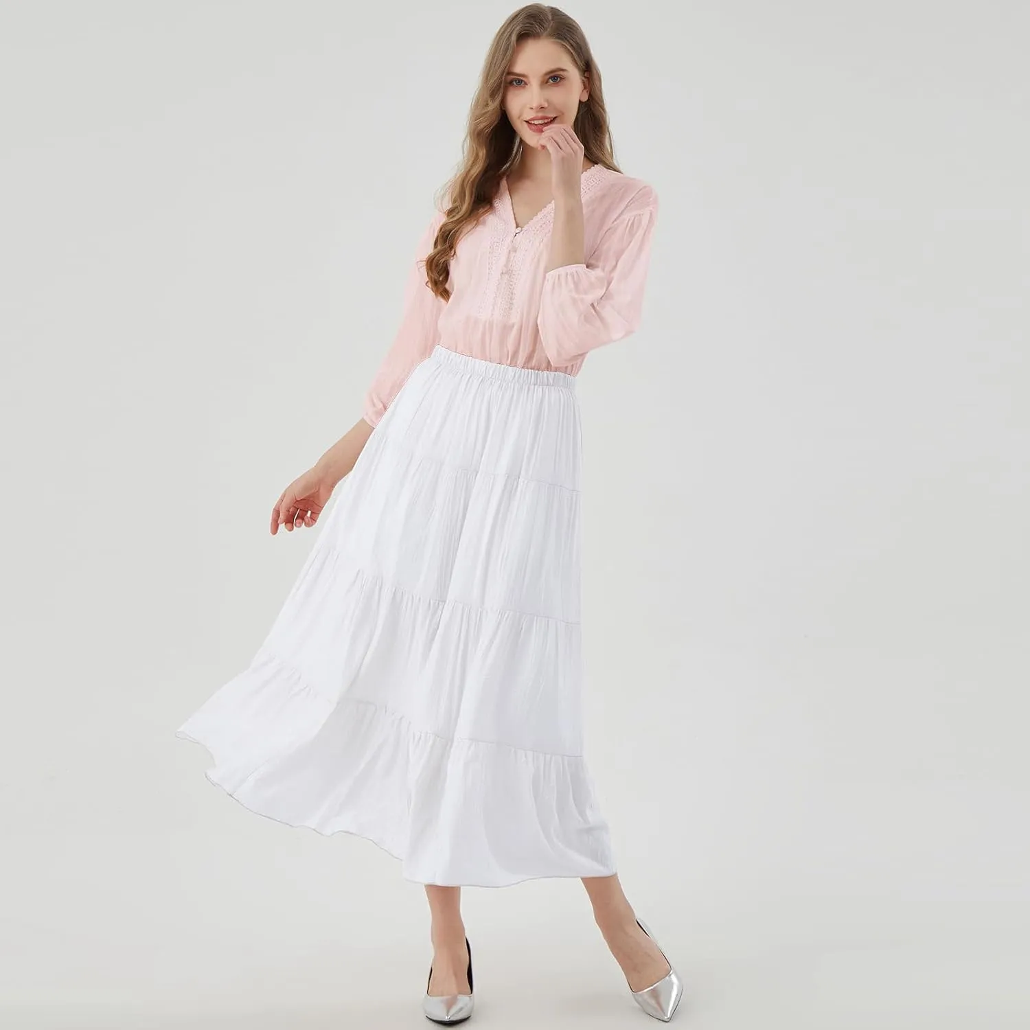 Women's Long Skirt Summer Flowy Boho Maxi Tiered A-Line Elastic High Waist Pleated Beach Dress