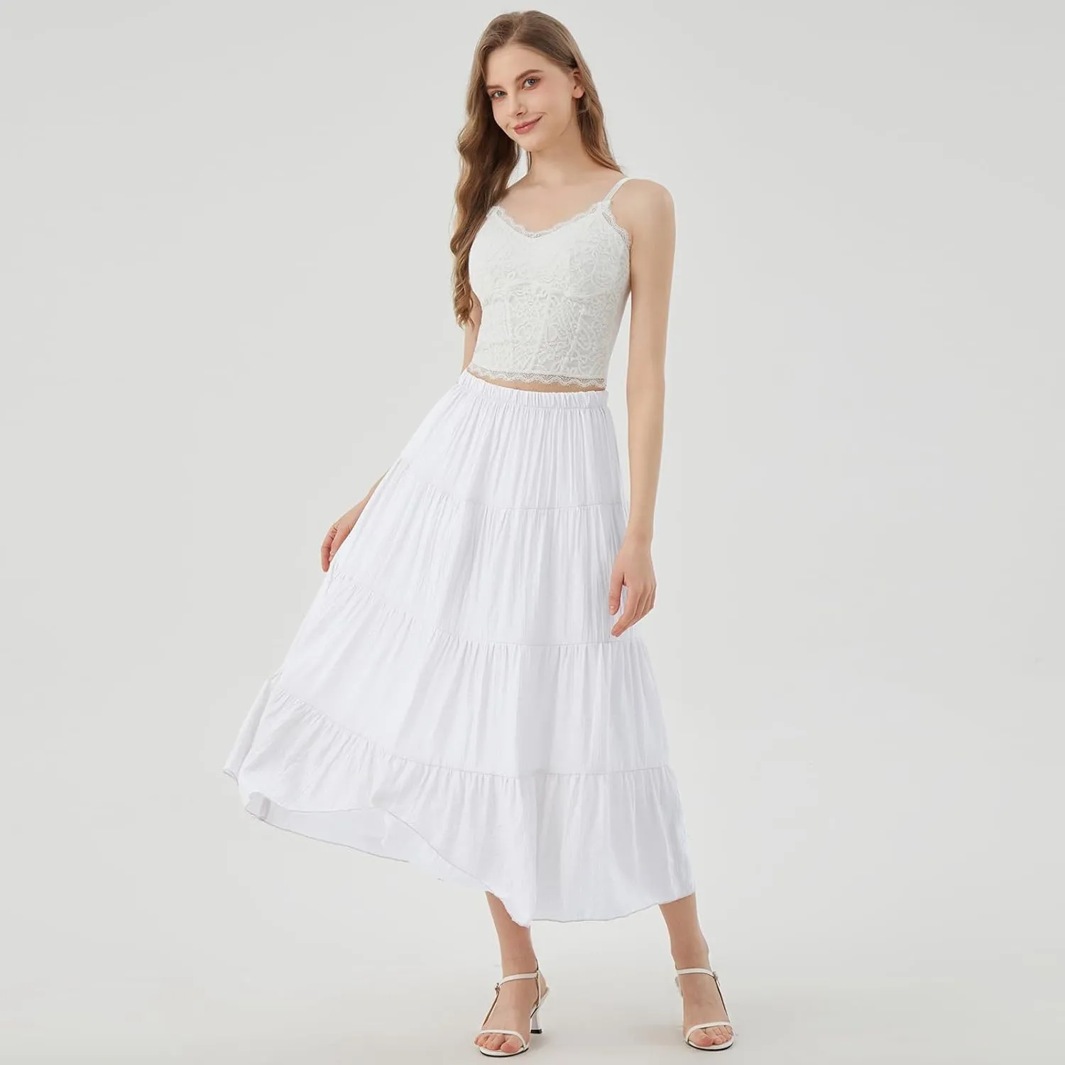Women's Long Skirt Summer Flowy Boho Maxi Tiered A-Line Elastic High Waist Pleated Beach Dress
