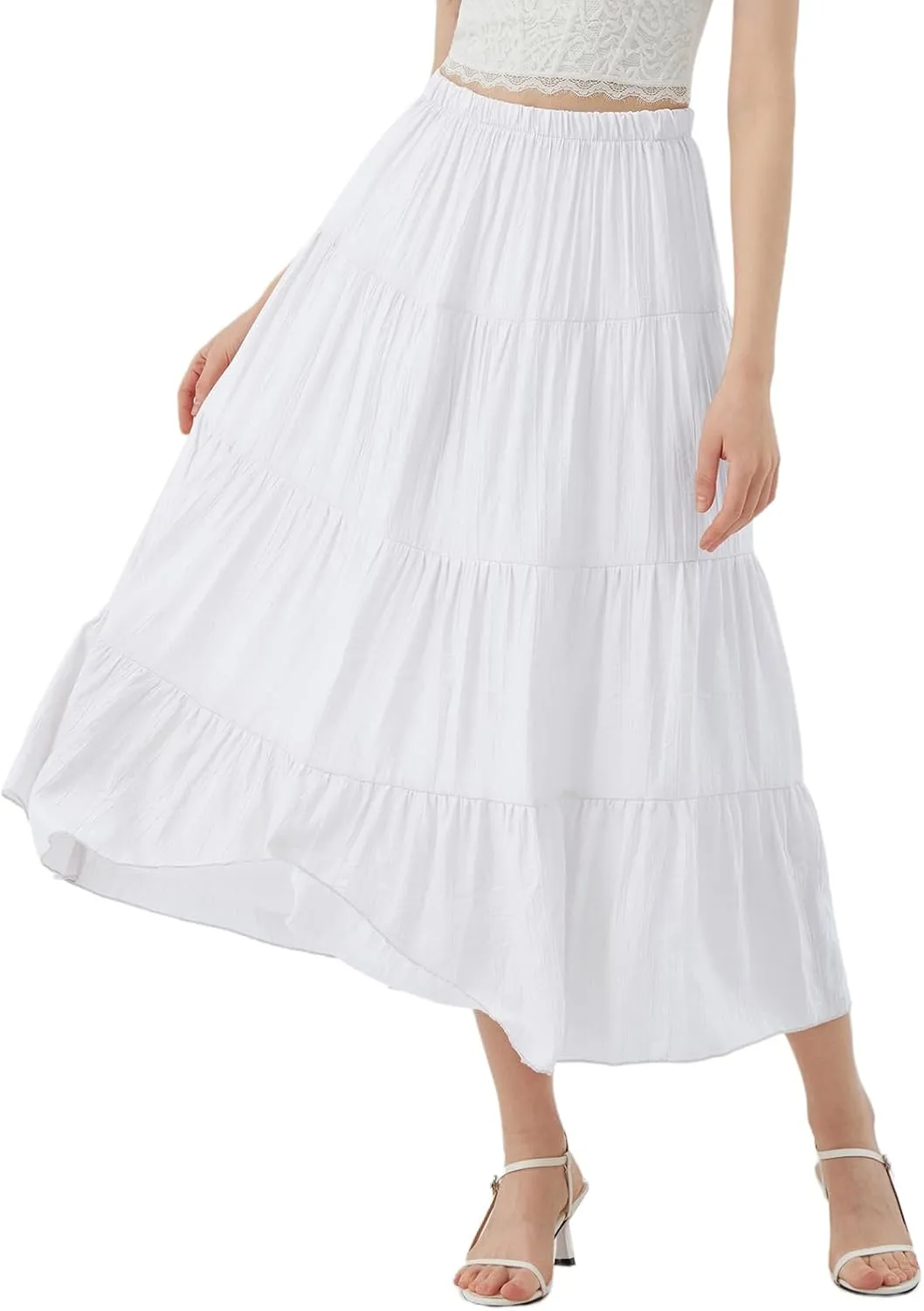 Women's Long Skirt Summer Flowy Boho Maxi Tiered A-Line Elastic High Waist Pleated Beach Dress