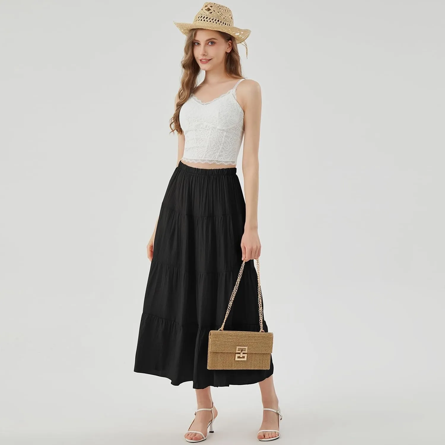 Women's Long Skirt Summer Flowy Boho Maxi Tiered A-Line Elastic High Waist Pleated Beach Dress
