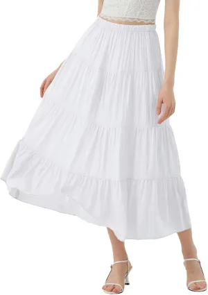 Women's Long Skirt Summer Flowy Boho Maxi Tiered A-Line Elastic High Waist Pleated Beach Dress