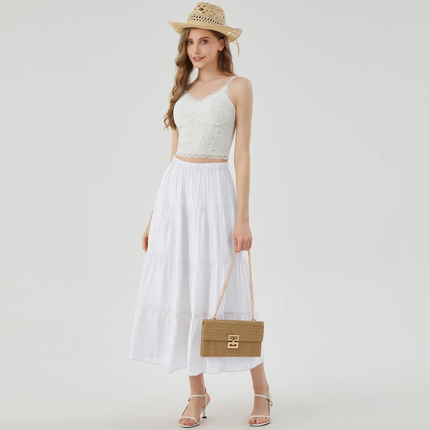 Women's Long Skirt Summer Flowy Boho Maxi Tiered A-Line Elastic High Waist Pleated Beach Dress