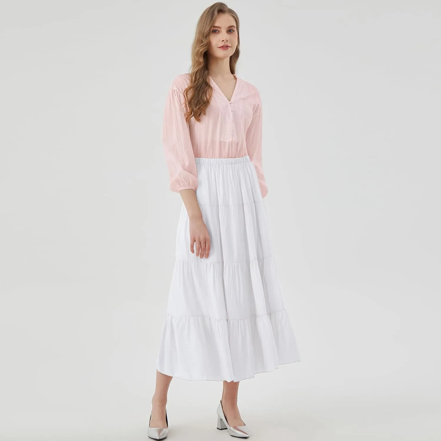 Women's Long Skirt Summer Flowy Boho Maxi Tiered A-Line Elastic High Waist Pleated Beach Dress