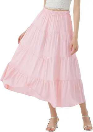 Women's Long Skirt Summer Flowy Boho Maxi Tiered A-Line Elastic High Waist Pleated Beach Dress