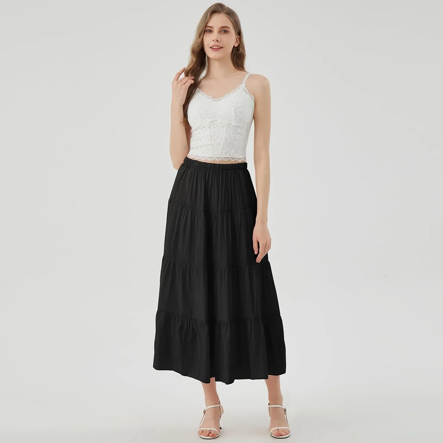 Women's Long Skirt Summer Flowy Boho Maxi Tiered A-Line Elastic High Waist Pleated Beach Dress