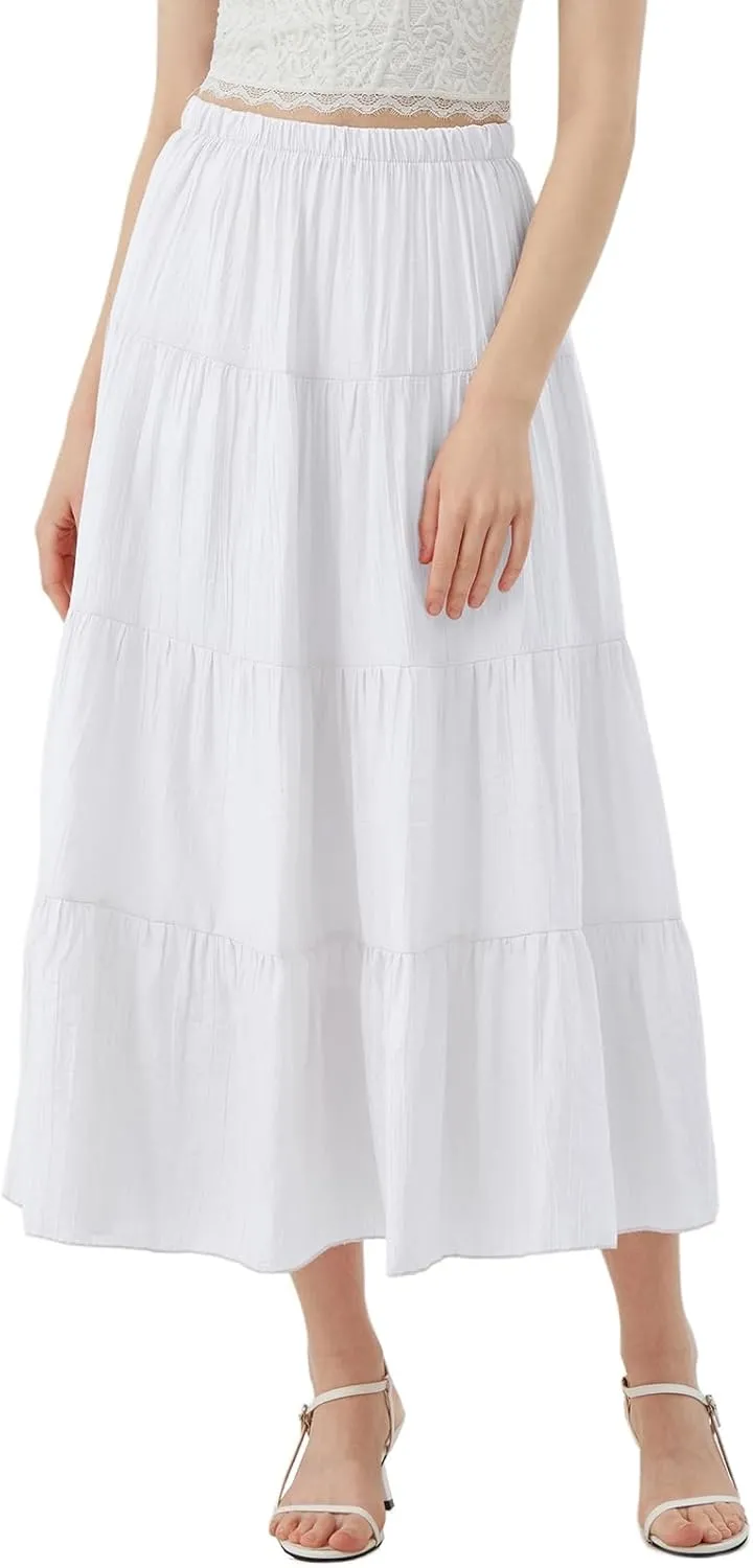 Women's Long Skirt Summer Flowy Boho Maxi Tiered A-Line Elastic High Waist Pleated Beach Dress