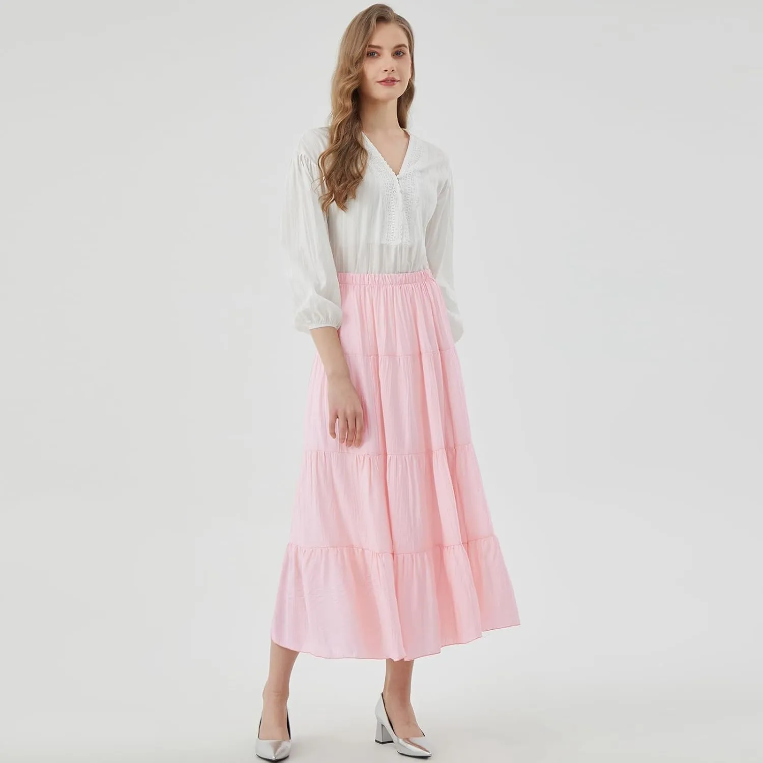 Women's Long Skirt Summer Flowy Boho Maxi Tiered A-Line Elastic High Waist Pleated Beach Dress
