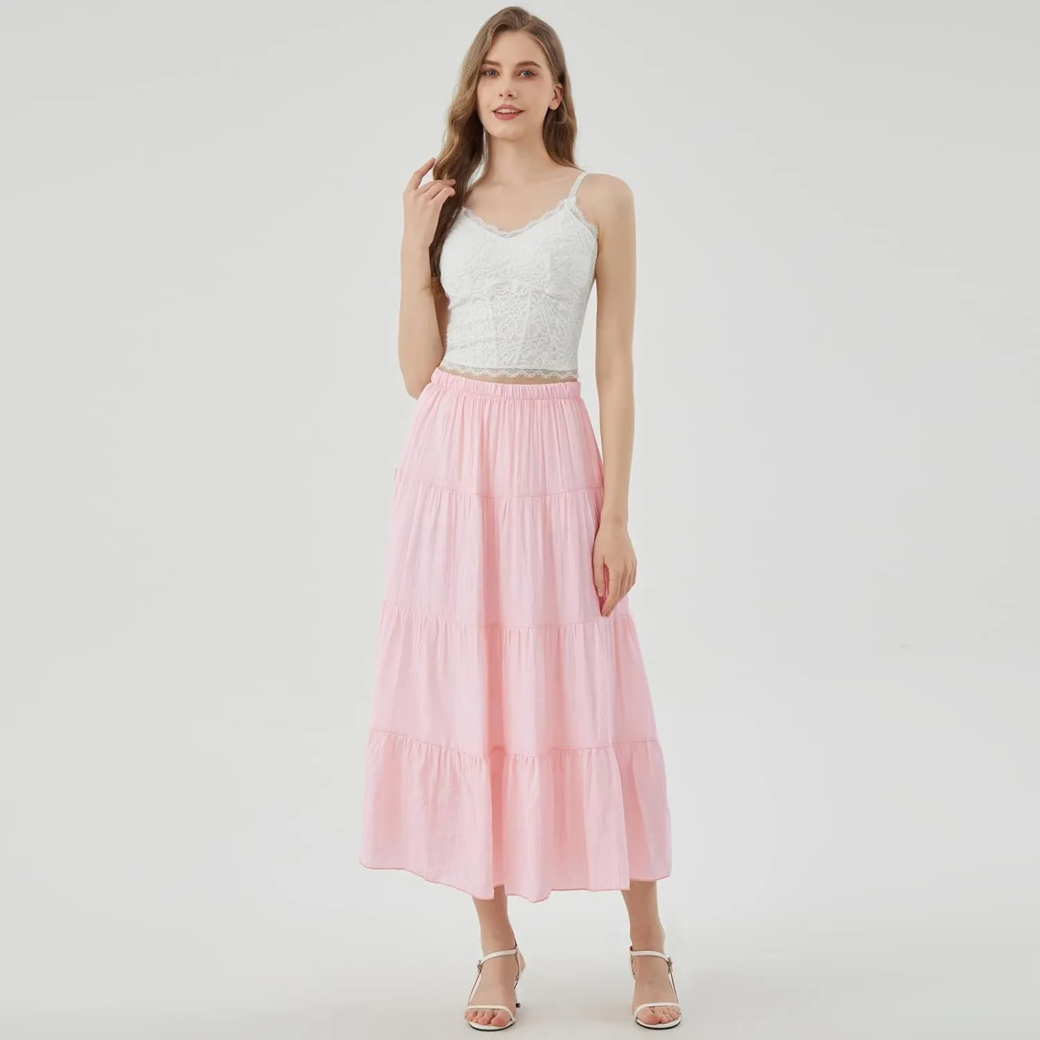 Women's Long Skirt Summer Flowy Boho Maxi Tiered A-Line Elastic High Waist Pleated Beach Dress