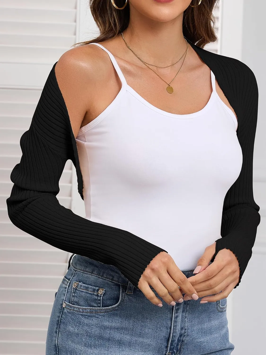 Women's Long Sleeve Shrug Sweaters Knit Bolero Shoulder Open Cropped Cardigan
