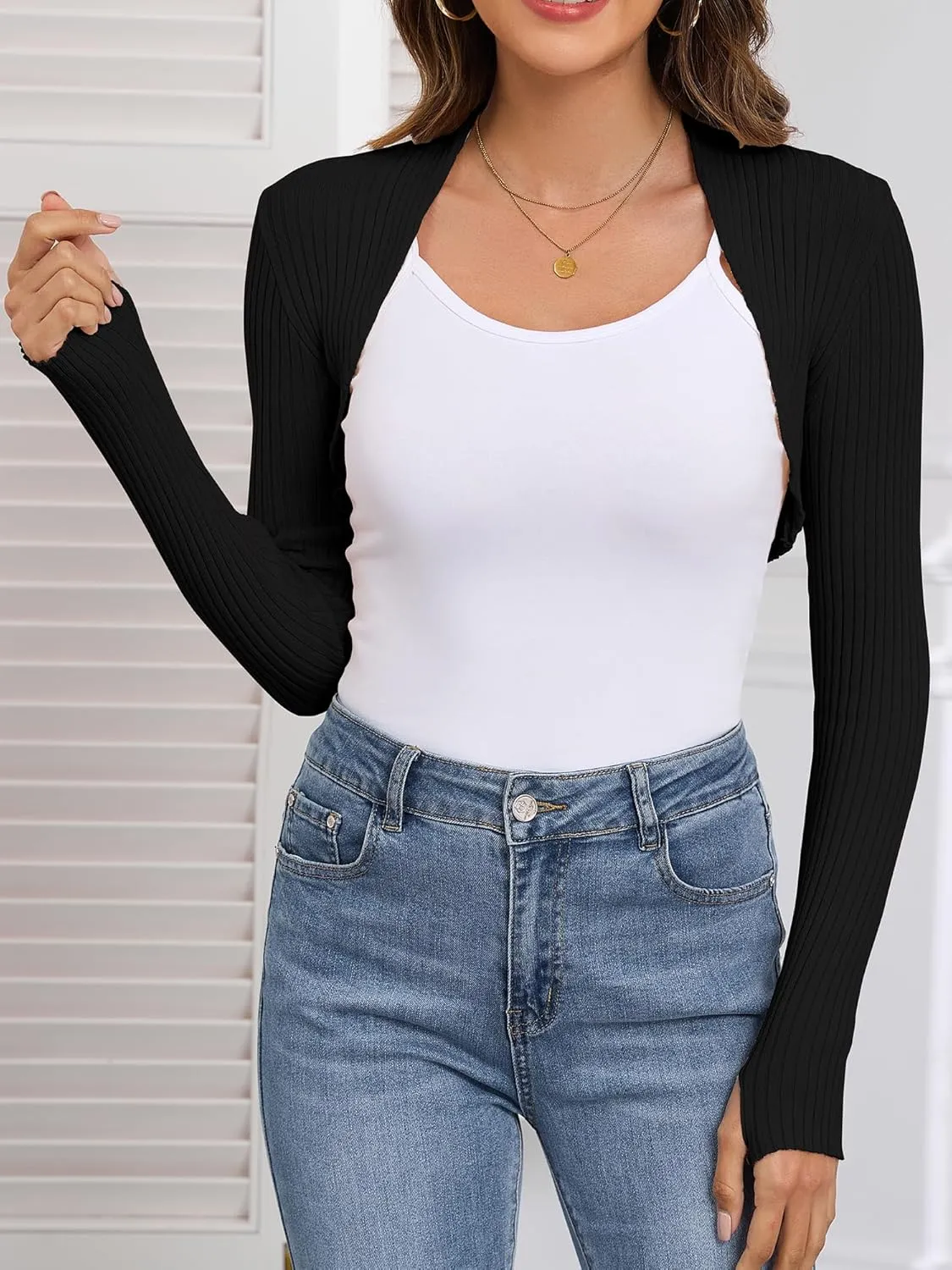 Women's Long Sleeve Shrug Sweaters Knit Bolero Shoulder Open Cropped Cardigan