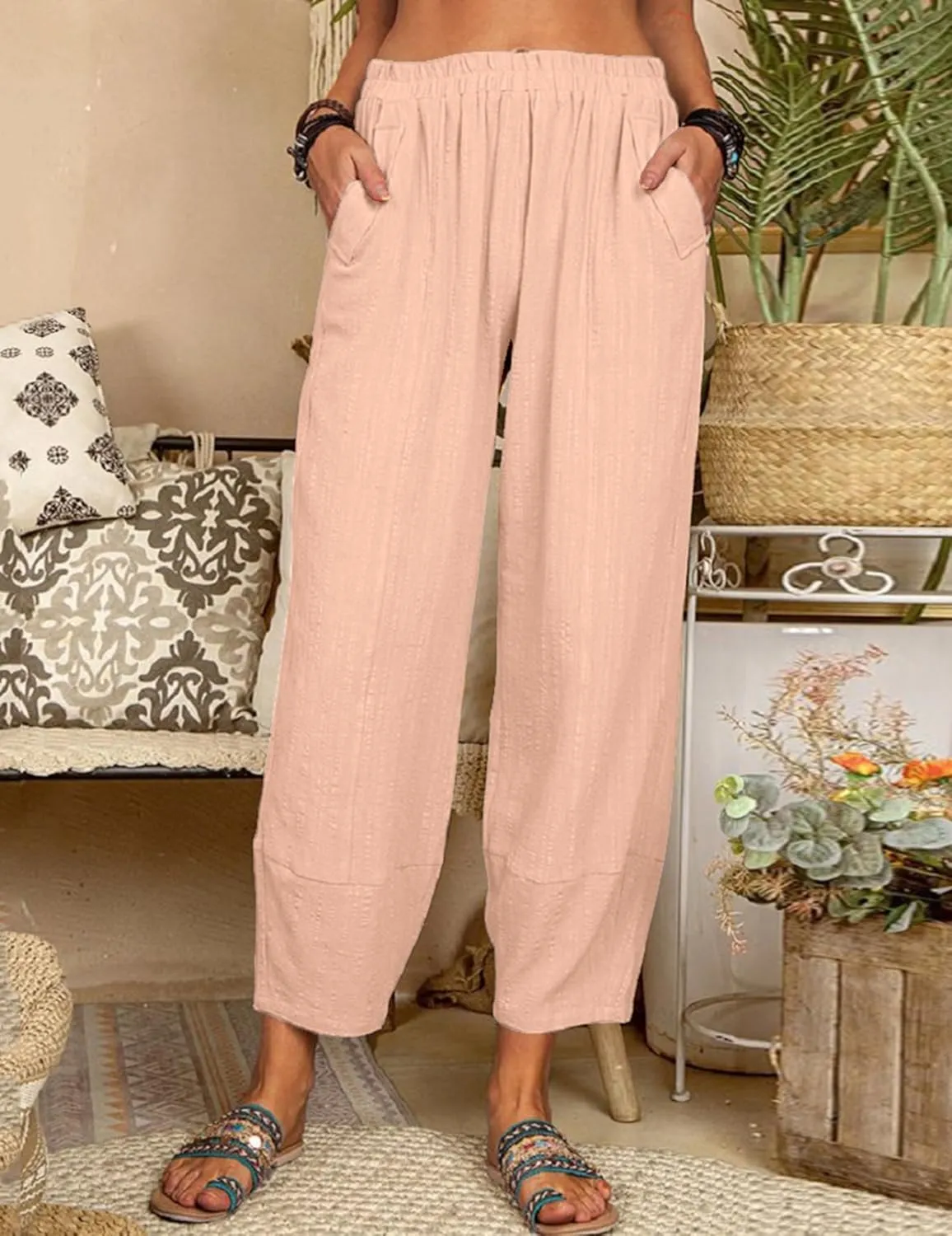 Womens Loose Casual Wide Leg Pants Loose Lightweight Comfy Elastic Waist Lantern Tapered Cropped Trousers with Pockets