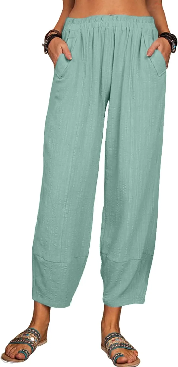 Womens Loose Casual Wide Leg Pants Loose Lightweight Comfy Elastic Waist Lantern Tapered Cropped Trousers with Pockets