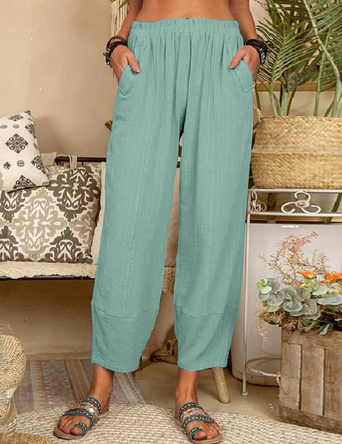 Womens Loose Casual Wide Leg Pants Loose Lightweight Comfy Elastic Waist Lantern Tapered Cropped Trousers with Pockets