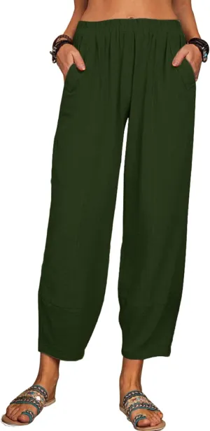 Womens Loose Casual Wide Leg Pants Loose Lightweight Comfy Elastic Waist Lantern Tapered Cropped Trousers with Pockets