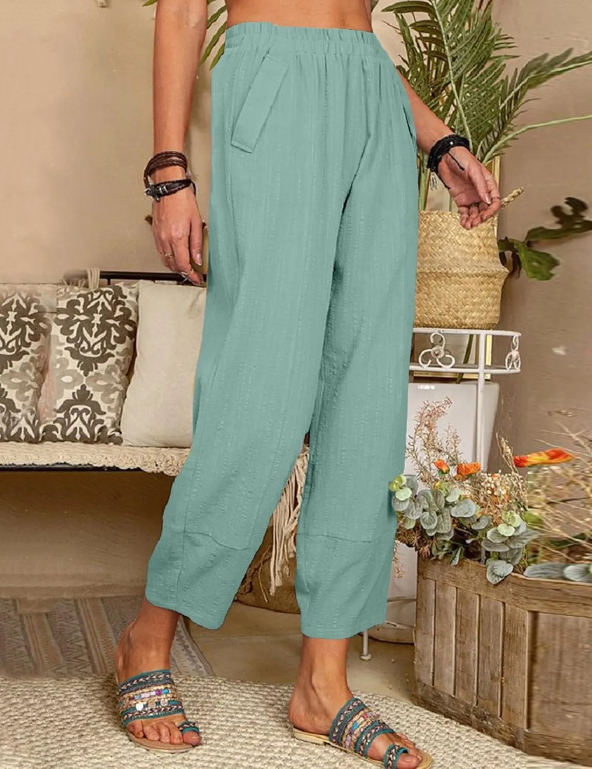 Womens Loose Casual Wide Leg Pants Loose Lightweight Comfy Elastic Waist Lantern Tapered Cropped Trousers with Pockets