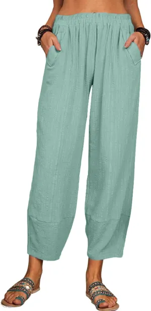 Womens Loose Casual Wide Leg Pants Loose Lightweight Comfy Elastic Waist Lantern Tapered Cropped Trousers with Pockets