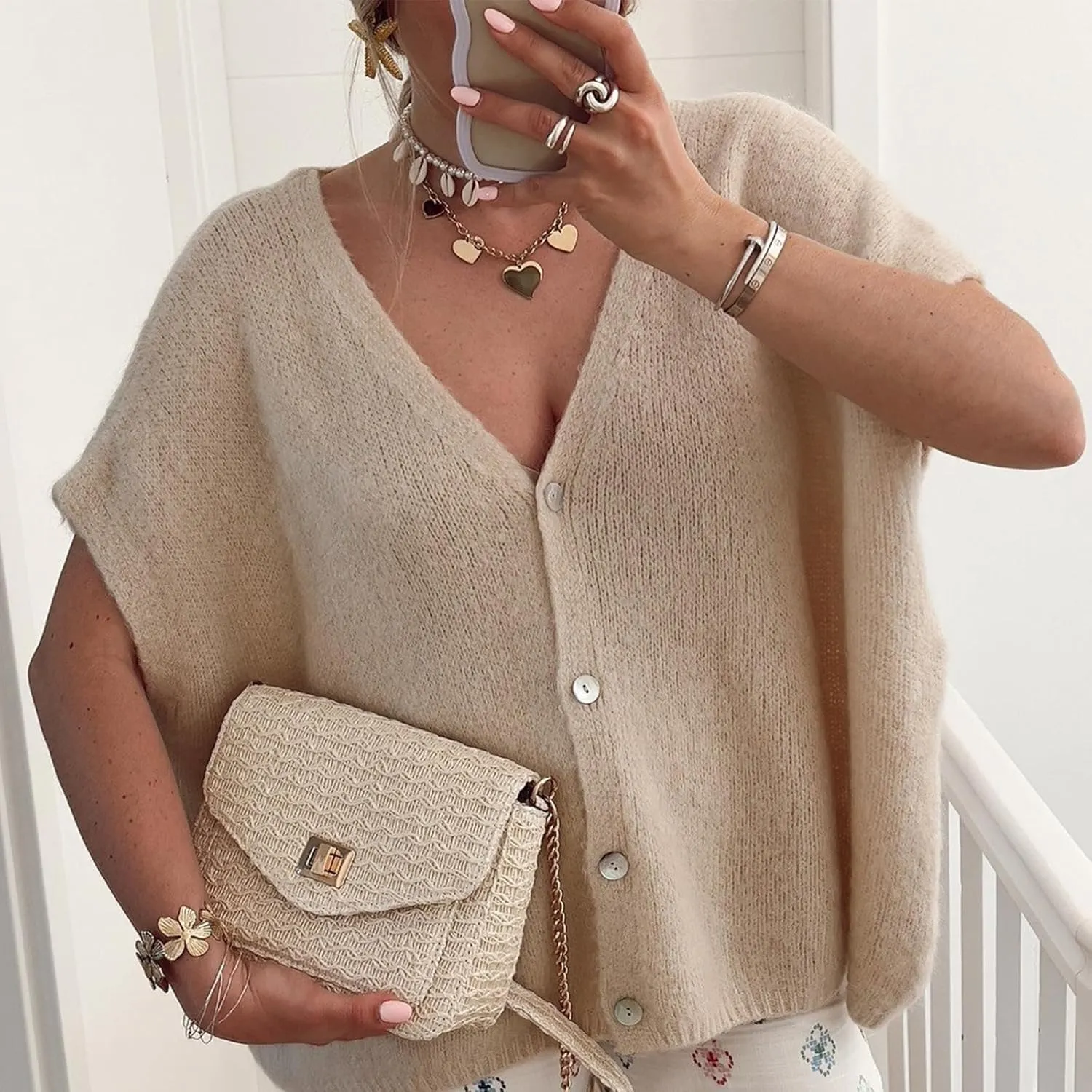 Womens Loose Knit Cardigan Solid Color Short Sleeve V-Neck Button Down Lightweight Sweaters Tops Clubwear