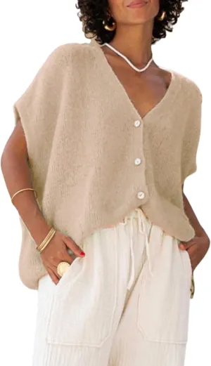 Womens Loose Knit Cardigan Solid Color Short Sleeve V-Neck Button Down Lightweight Sweaters Tops Clubwear