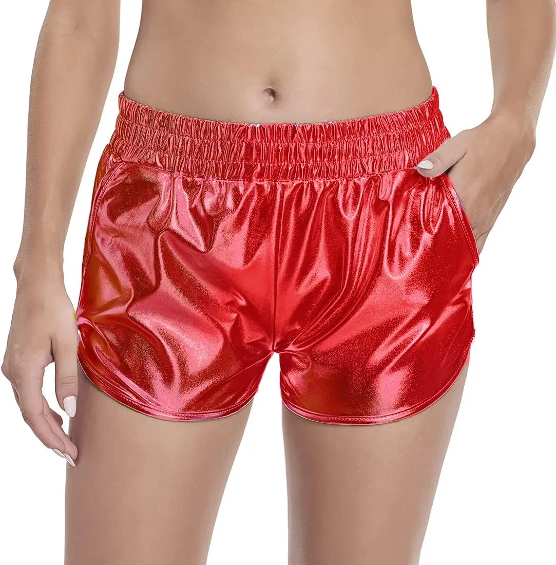 Women's Metallic Shorts Shiny Pants with Elastic Waist Hot Rave Dance