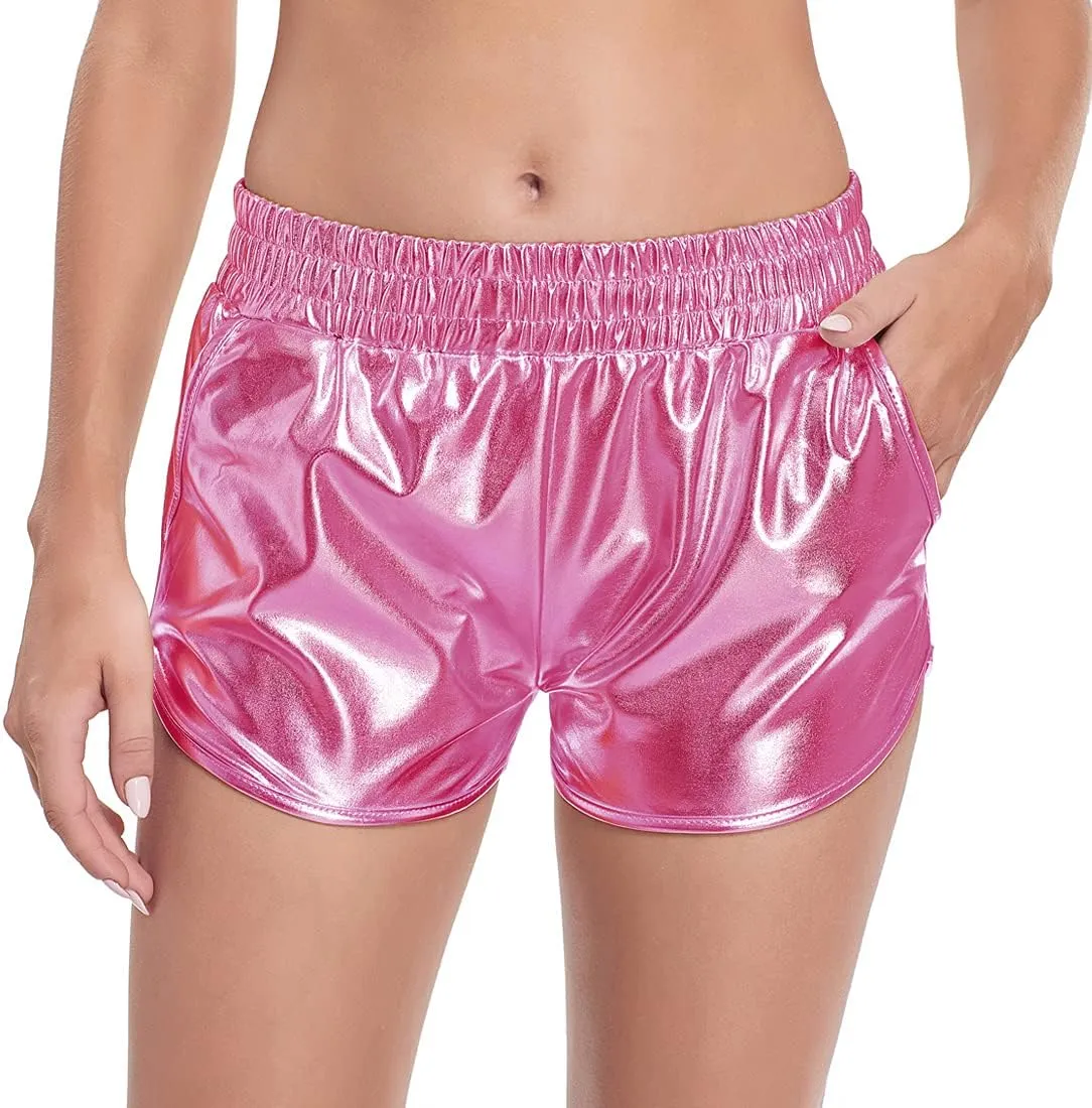 Women's Metallic Shorts Shiny Pants with Elastic Waist Hot Rave Dance