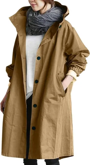 Women's Mid Length Trench Coat, Windproof Classic Lapel Hooded Coats, Lounge Trench Coat, Single Breasted Trenchcoats