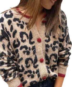 Women's New Brown Leopard Print Cardigan Sweater Buttons Open Front Color Block Knitwear Long Sleeve Knitted Outerwear