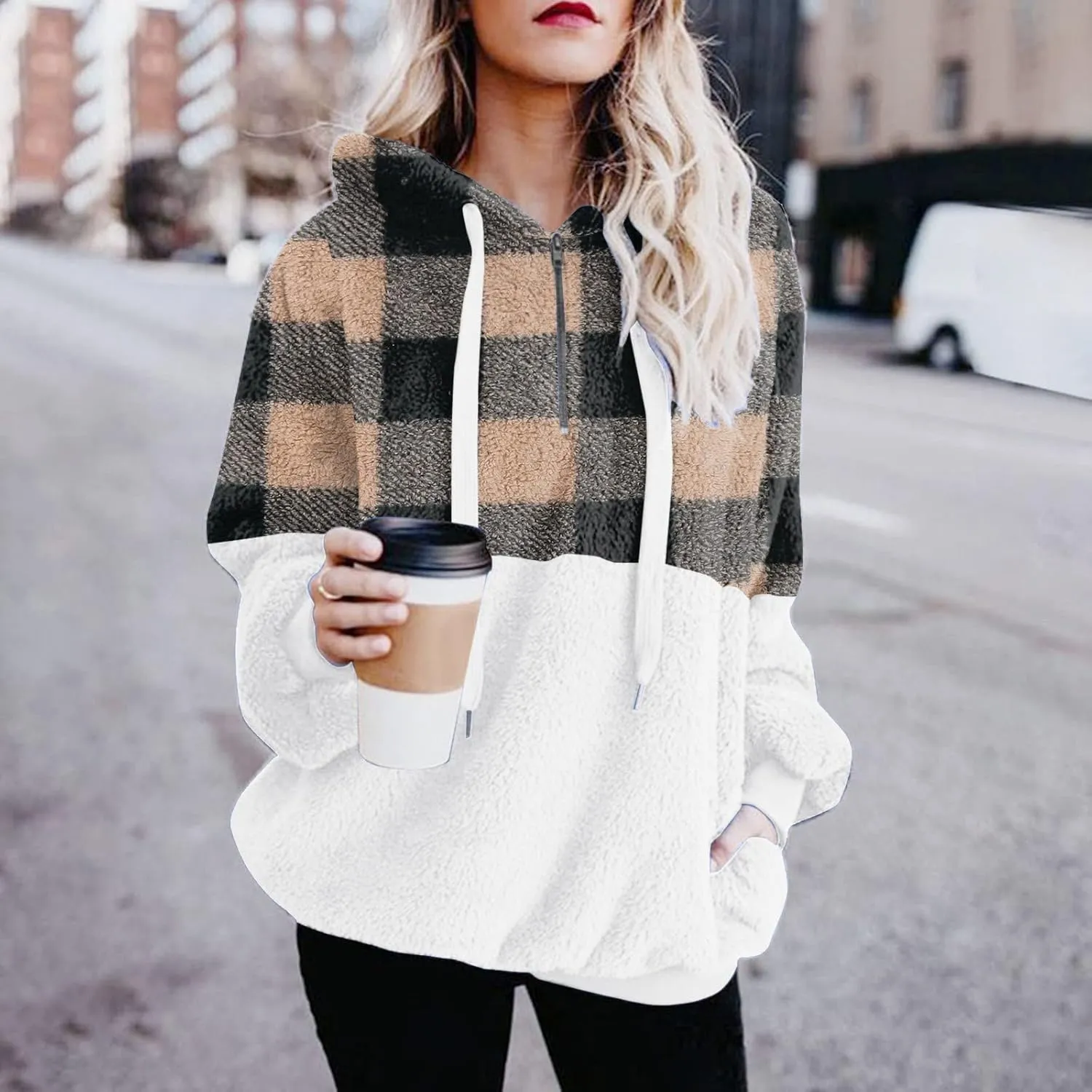 Womens Oversized Fuzzy Hoodie Winter Warm Sherpa Fleece Hooded Sweatshirts Cozy Zipper Fluffy Coat With Pockets