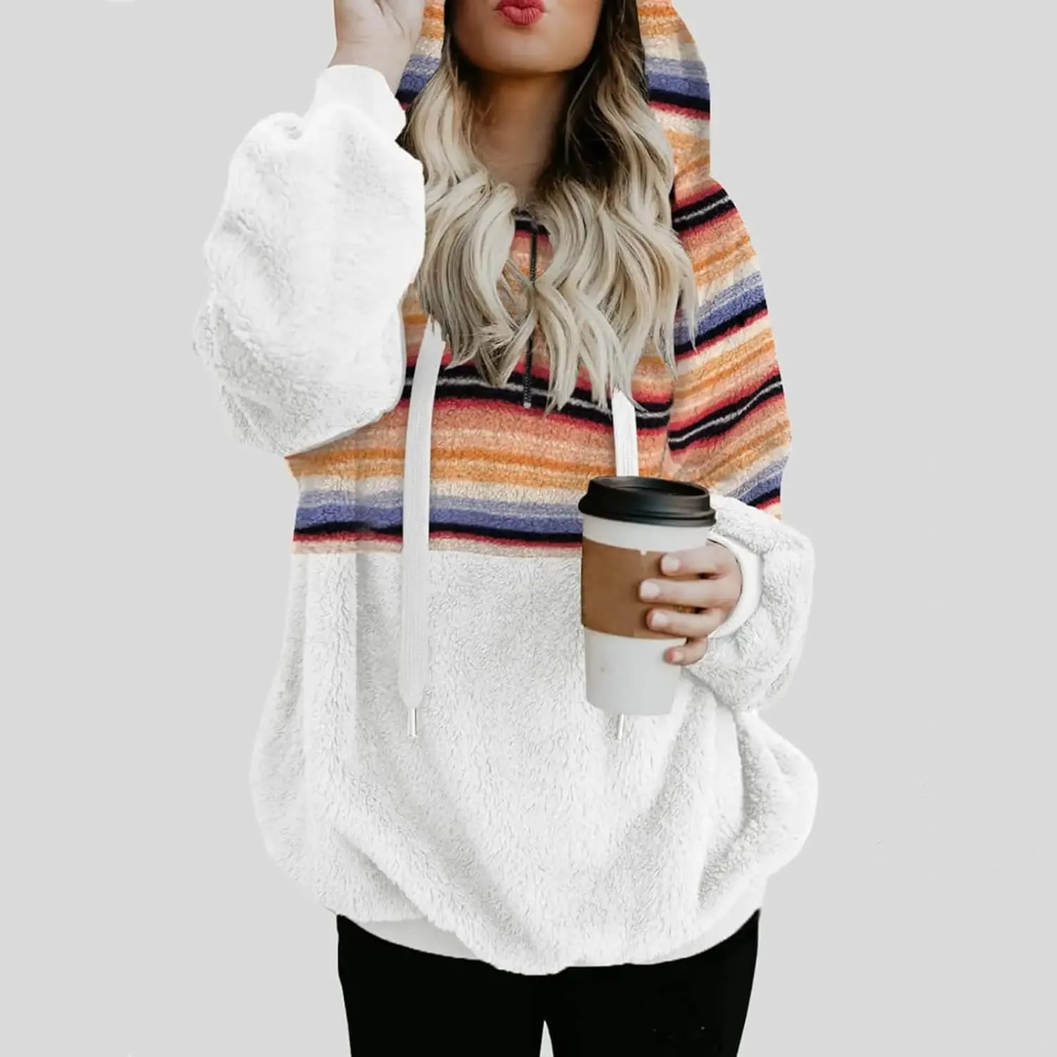 Womens Oversized Fuzzy Hoodie Winter Warm Sherpa Fleece Hooded Sweatshirts Cozy Zipper Fluffy Coat With Pockets