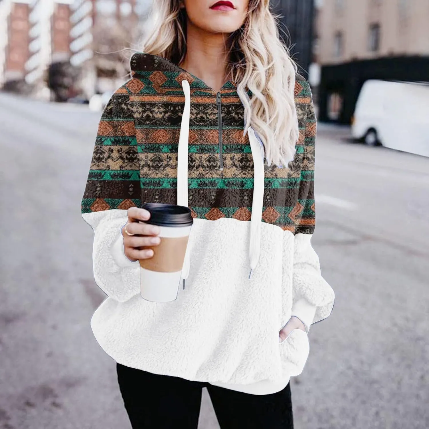 Womens Oversized Fuzzy Hoodie Winter Warm Sherpa Fleece Hooded Sweatshirts Cozy Zipper Fluffy Coat With Pockets