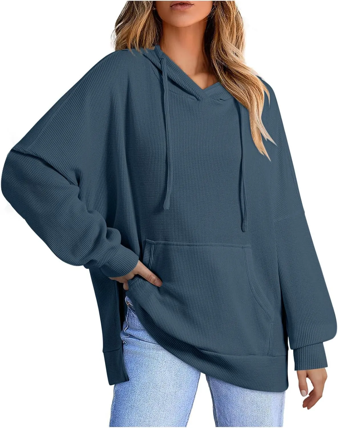 Women's Oversized Hoodies Long Sleeve Drawstring Lightweight Pullover Tops Loose Side Slit Sweatshirt with Pocket