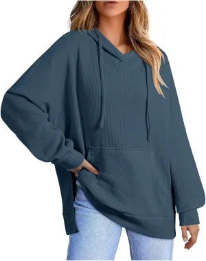 Women's Oversized Hoodies Long Sleeve Drawstring Lightweight Pullover Tops Loose Side Slit Sweatshirt with Pocket