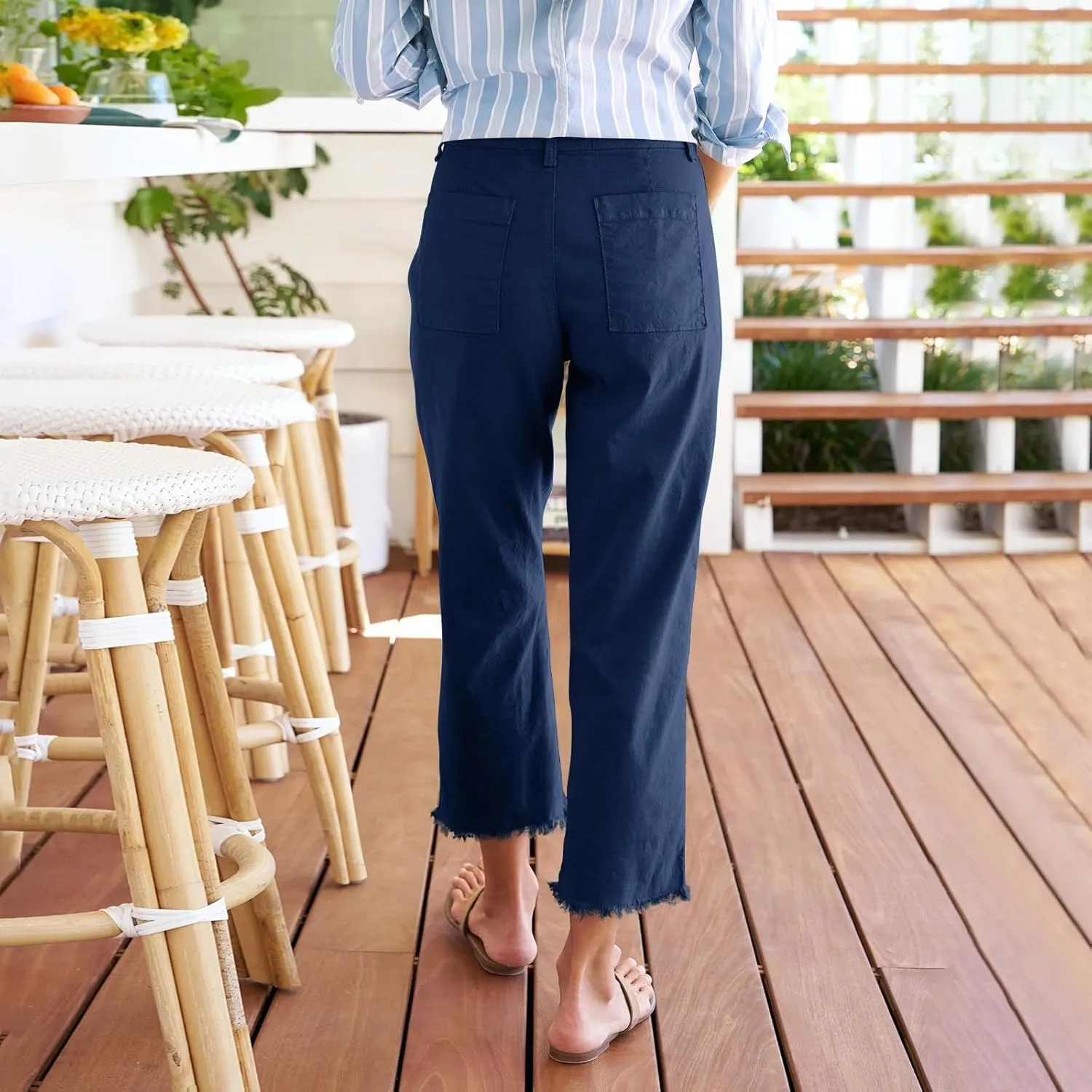 Womens Pants, Linen Straight Leg Peasant Pants Women's Casual Elastic Waist Workout