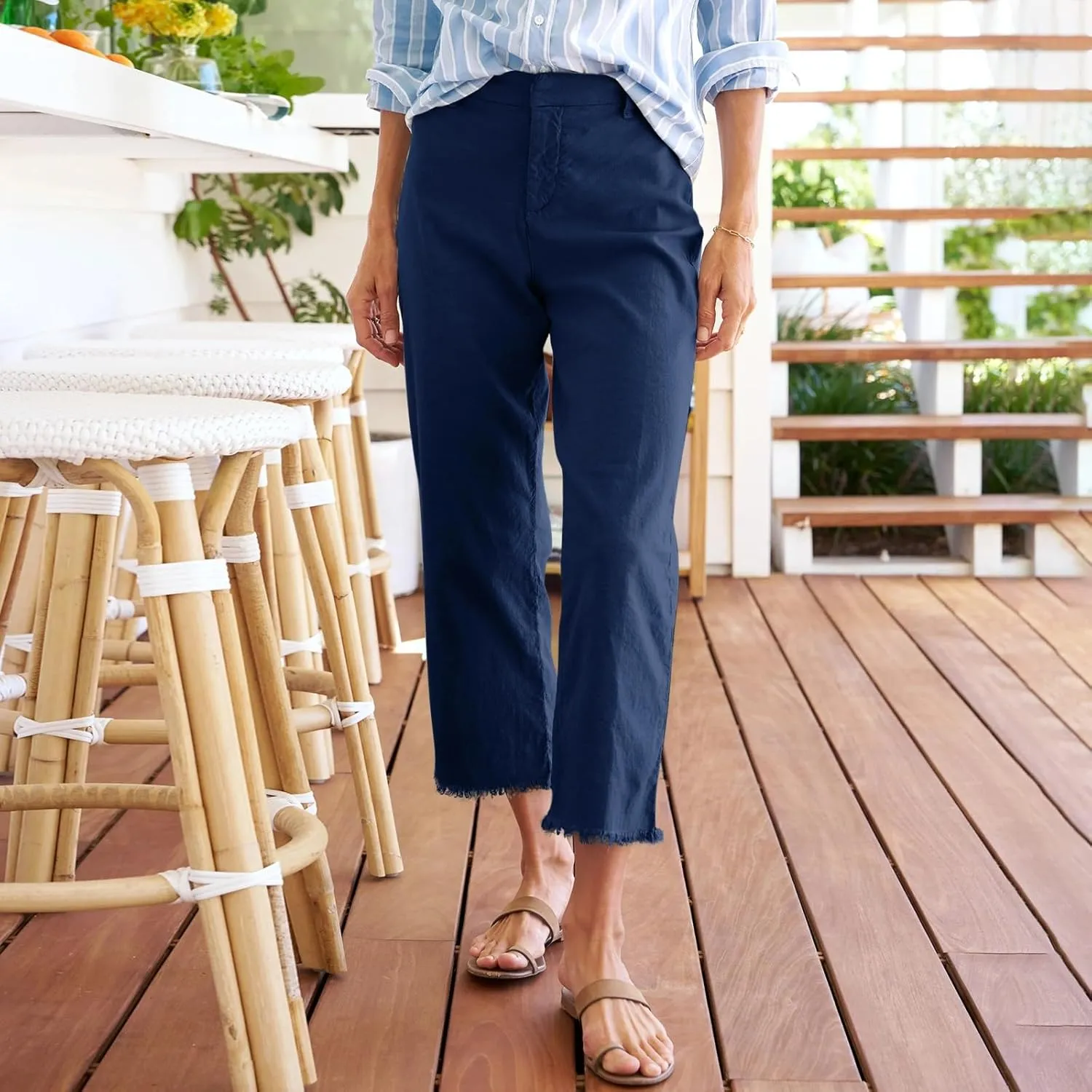 Womens Pants, Linen Straight Leg Peasant Pants Women's Casual Elastic Waist Workout