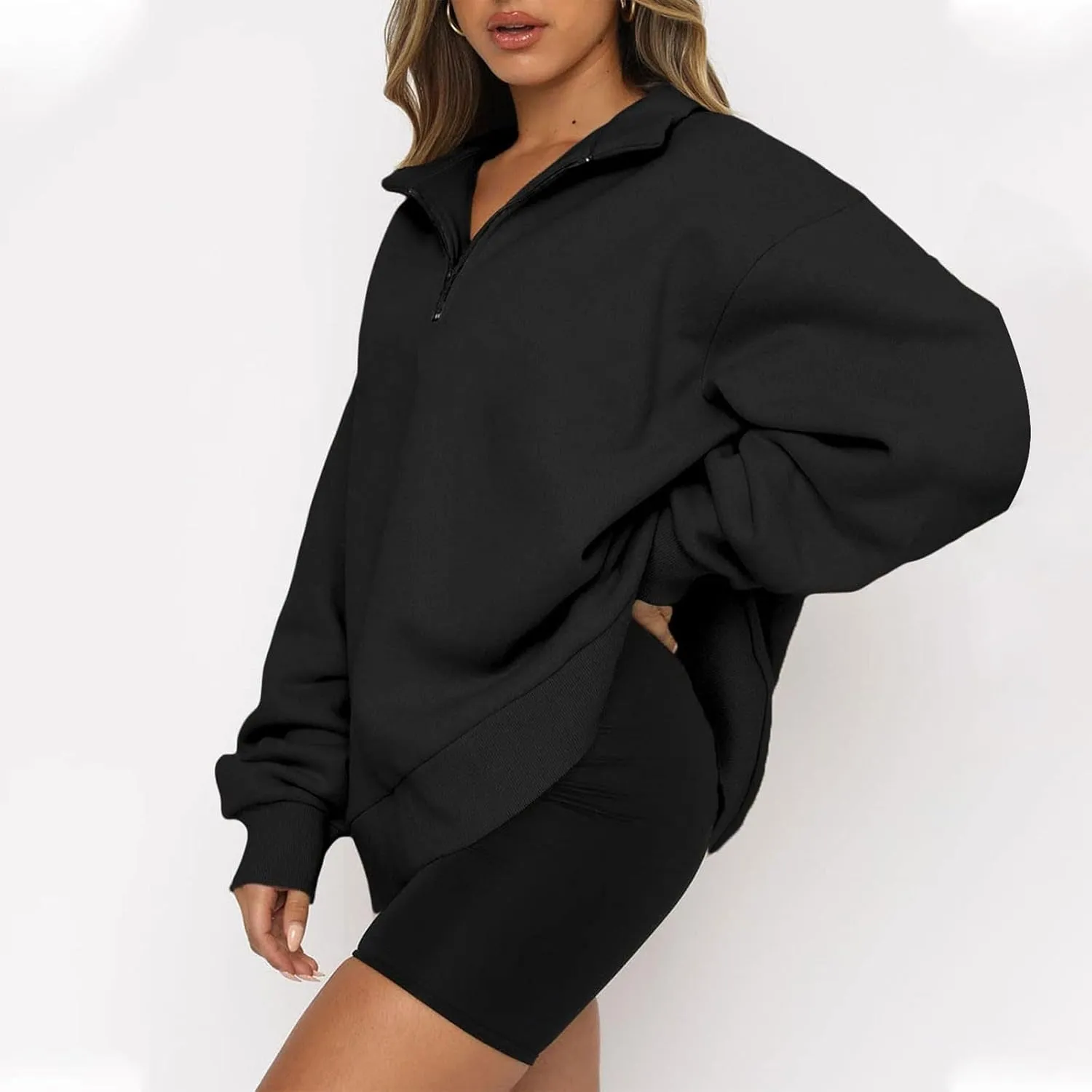 Womens Quarter Zip Trendy Sweatshirts Plain Oversized Long Sleeve Loose Fit Casual Pullover Tops Fall Y2K Clothes